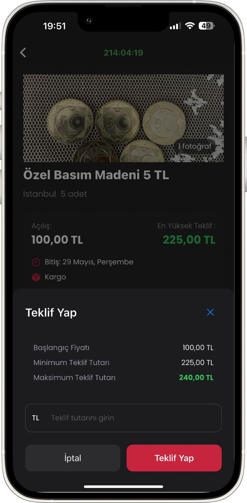 Bidding interface screen