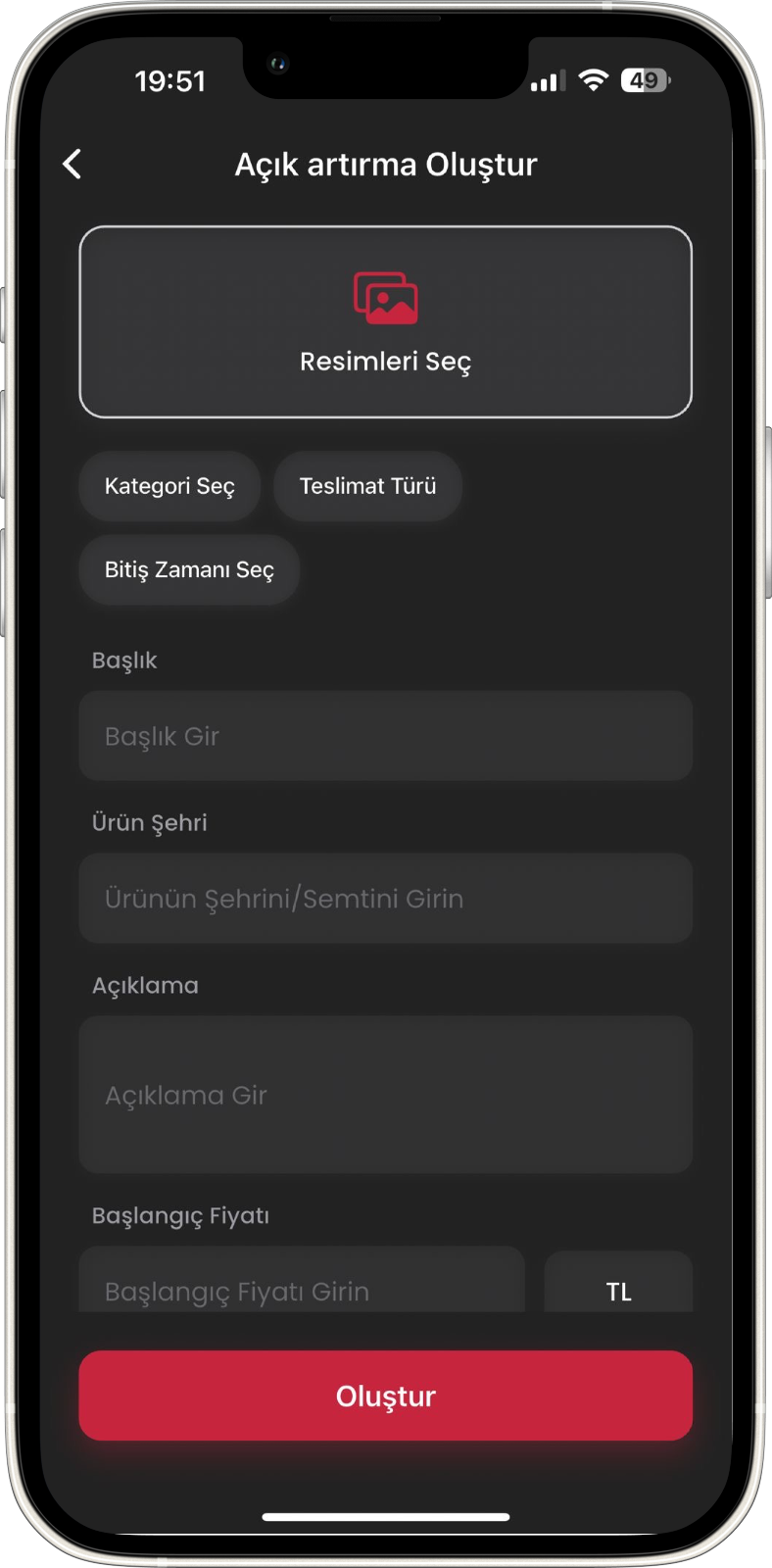Auction creation screen